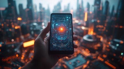 Hand Holding Smartphone with Cryptocurrency Symbol over Futuristic Cityscape at Night