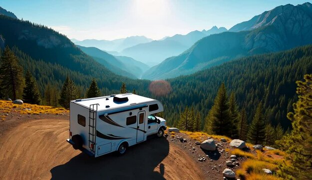 Scenic rv journey through mountainous forest path at sunrise