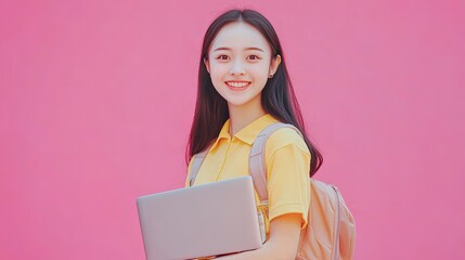 Portrait smiling young Asian college student laptop backpack pink