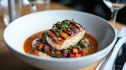Grilled halibut resting on carrot and beet relish in tomato sauce