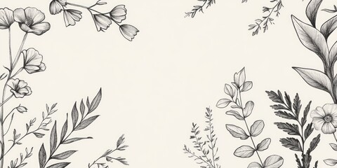 Fototapeta premium Black and white botanical illustration of leaves on a gray background.