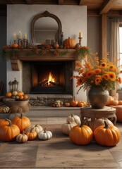 Obraz premium A warm and inviting living room with a large fireplace, decorated with seasonal items like pumpkins and cornucopias, seasonal decorations, fall decor, warmth