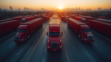 Red semi-trucks on highway at sunrise.
