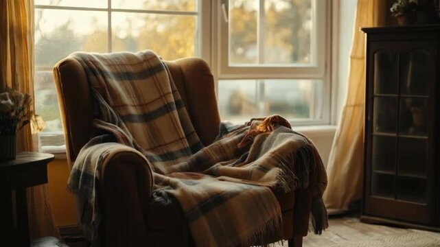 Cozy autumn afternoon scene with armchair, blanket, and windows