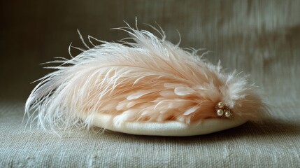 Elegant flower brooch with feathers placed on a vintage fabric cushion