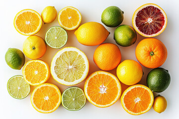 Obraz premium Vibrant assortment of fresh oranges, lemons, and limes arranged naturally on white background highlighting juicy textures