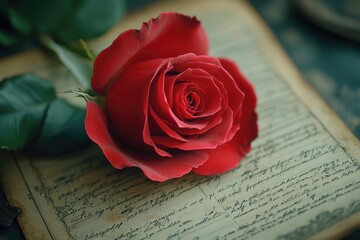 A red rose sits atop an old leather-bound book, conveying wisdom and nostalgia