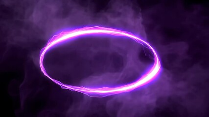 Vibrant purple energy ring surrounded by swirling mist in a dark environment