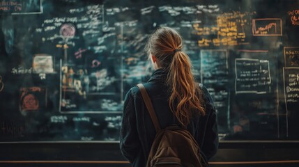 Fototapeta premium Student examines complex data on chalkboard in busy classroom setting