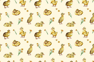 seamless watercolor pattern. Watercolor funny ducklings