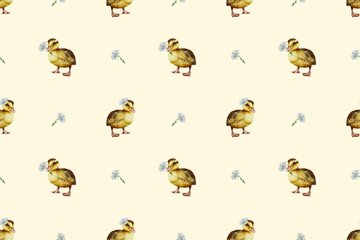 seamless watercolor pattern. Watercolor funny ducklings