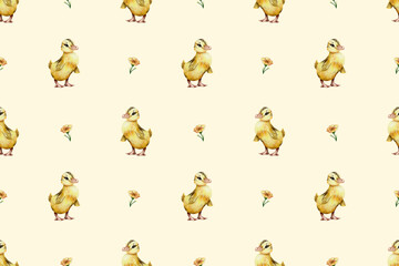 seamless watercolor pattern. Watercolor funny ducklings