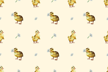 seamless watercolor pattern. Watercolor funny ducklings