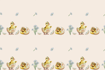 seamless watercolor pattern. Watercolor funny ducklings