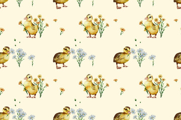 seamless watercolor pattern. Watercolor funny ducklings