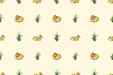 seamless watercolor pattern. Watercolor funny ducklings