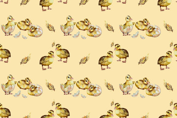 seamless watercolor pattern. Watercolor funny ducklings