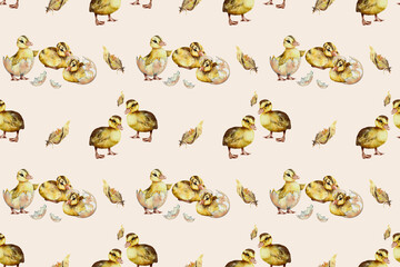 seamless watercolor pattern. Watercolor funny ducklings