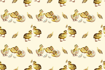 seamless watercolor pattern. Watercolor funny ducklings