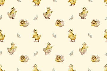 seamless watercolor pattern. Watercolor funny ducklings