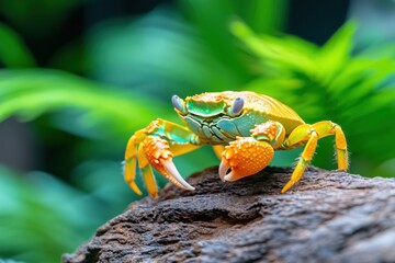 Coconut crab climbs tree trunk in lush tropical forest showcasing vibrant claws and warm earthy colors