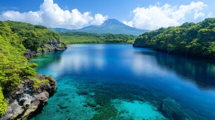 Crystal clear lake reflecting blue sky and majestic mountain in japan