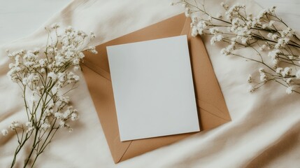 A blank card rests atop a brown envelope, elegantly framed by delicate white flowers, all set against a backdrop of soft, inviting fabric