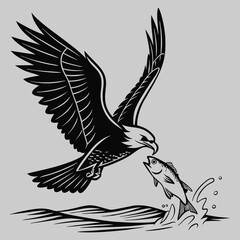 bird catching a fish silhouette vector design art and illustration
