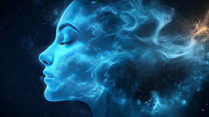 Creative visual representation of a serene woman immersed in cosmic elements