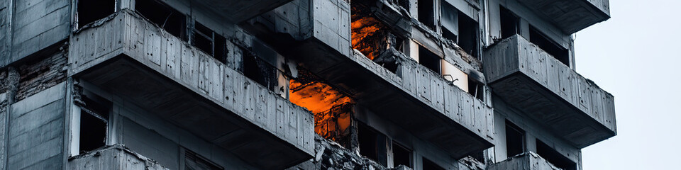 Fototapeta premium Damaged Concrete Building with Interior Illumination