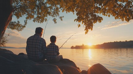 Photo of father and son sitting on a rock fishing together while watching the sunset.