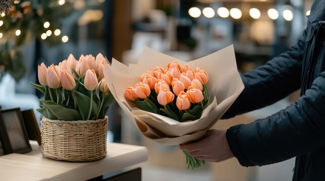 Customer selects a beautiful bouquet of tulips at a flower shop during a bright afternoon in an urban setting