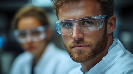 Fototapeta premium Focused male scientist in lab coat and safety glasses.