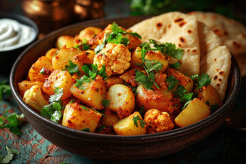 Vibrant bowl of aloo gobi with spiced potatoes and cauliflower served with chapati and yogurt