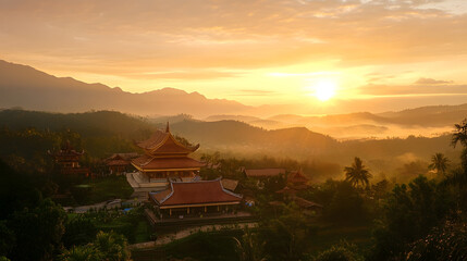Fototapeta premium Stunning sunset view over a traditional Buddhist temple nestled in lush green mountains with golden hues : Generative AI