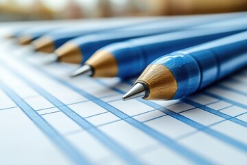 A set of blue pencils placed on top of a blank paper, ideal for writing, drawing or sketching