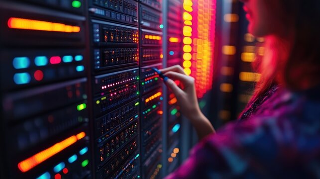 Woman Managing Data Center Servers with Digital Technology Interface