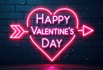 Obraz premium Neon sign glows Happy Valentines Day message inside heart shape. Pink neon light on dark brick wall. Wooden surface below. Romantic holiday decoration. Glittery sparkles around neon sign. Festive