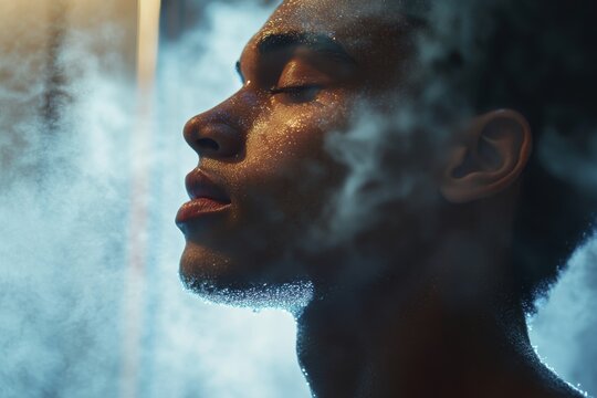 Athlete recovery in cryotherapy chamber with deep breathing and relaxation