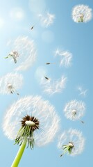 Obraz premium Dandelion seeds float gracefully in the blue sky on a bright sunny day, showcasing nature's beauty and the cycle of life