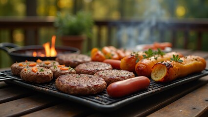 The image shows a grill pan on a wooden table with various food items on it. On the left side of the image, there are several hamburgers and sausages cooking on the grill pan.