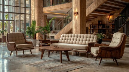 Fototapeta premium Spacious and modern living room with tall ceilings, built-in shelves, and a minimalist aesthetic