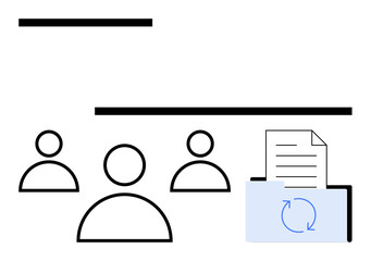 Three user icons symbolizing team collaboration near a folder with a refresh file, representing document sharing. Ideal for teamwork, file management, digital processes, automation, data sync