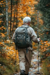 Fototapeta premium Senior Hiker Walking Through Autumn Forest Trail with Backpack and Trekking Poles