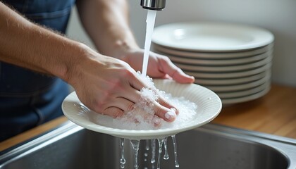 Close up of a man's hands scrubbing a plate under running water. Soap bubbles accumulate around the plate as a stack of clean dishes sits nearby in the kitchen.