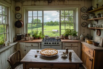 Delicious peach pie sitting on rustic kitchen table in charming farmhouse kitchen