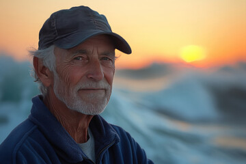 Elderly Man Smiling at Sunset on Beach Wearing Jacket and Cap