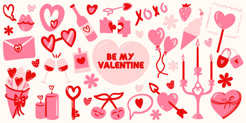 Valentine's Day Clipart Sticker Set . Hearts, flowers, balloons, wine, cherries, candles, kisses, love. Vector illustrations, sticker pack 