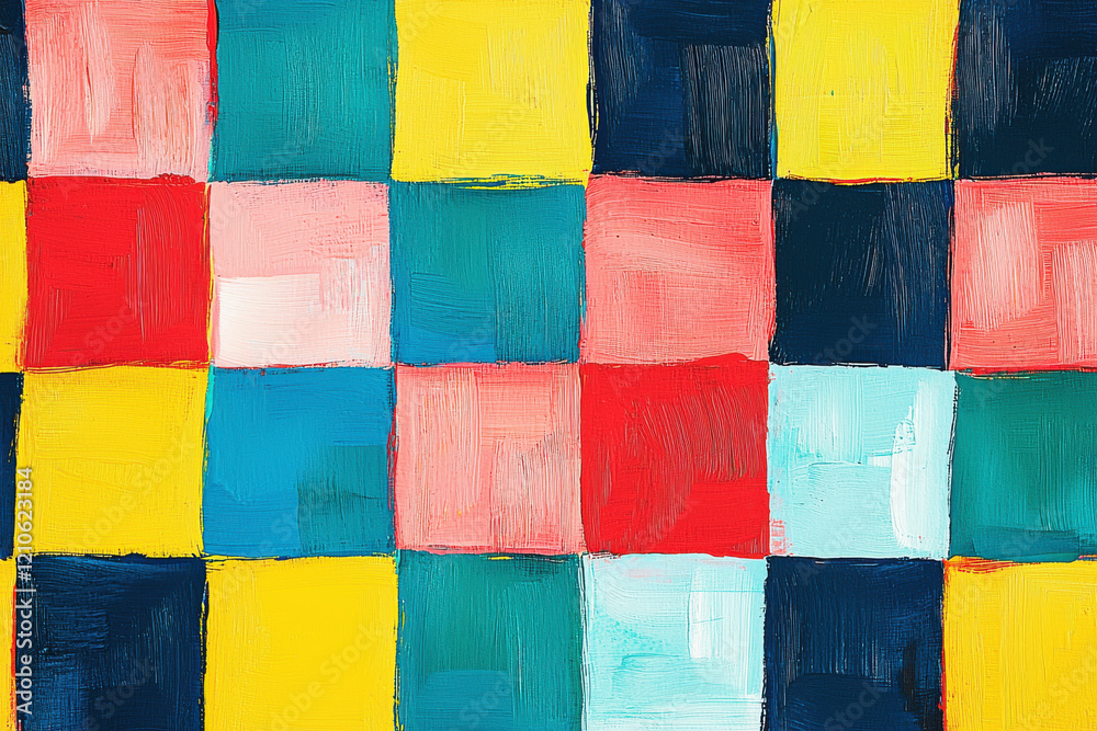 Poster vibrant checkered pattern featuring bold primary colors in a seamless, playful grid layout with high