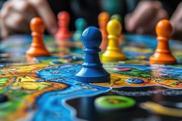 Colorful Board Game Pieces on Vibrant Game Board for Family Fun and Strategy